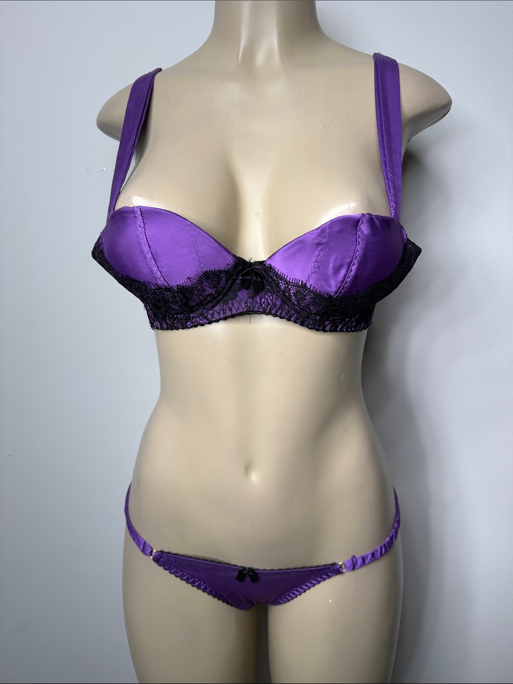 SHEIN Purple Satin Balconette Bra & Bikini Set with Black Lace